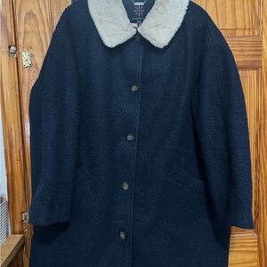 Isaac Mizrahi Live Boucle Coat with Faux Fur Collar Navy Blue
